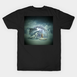 Awesome ice dragon and fairy in a winter landscape T-Shirt